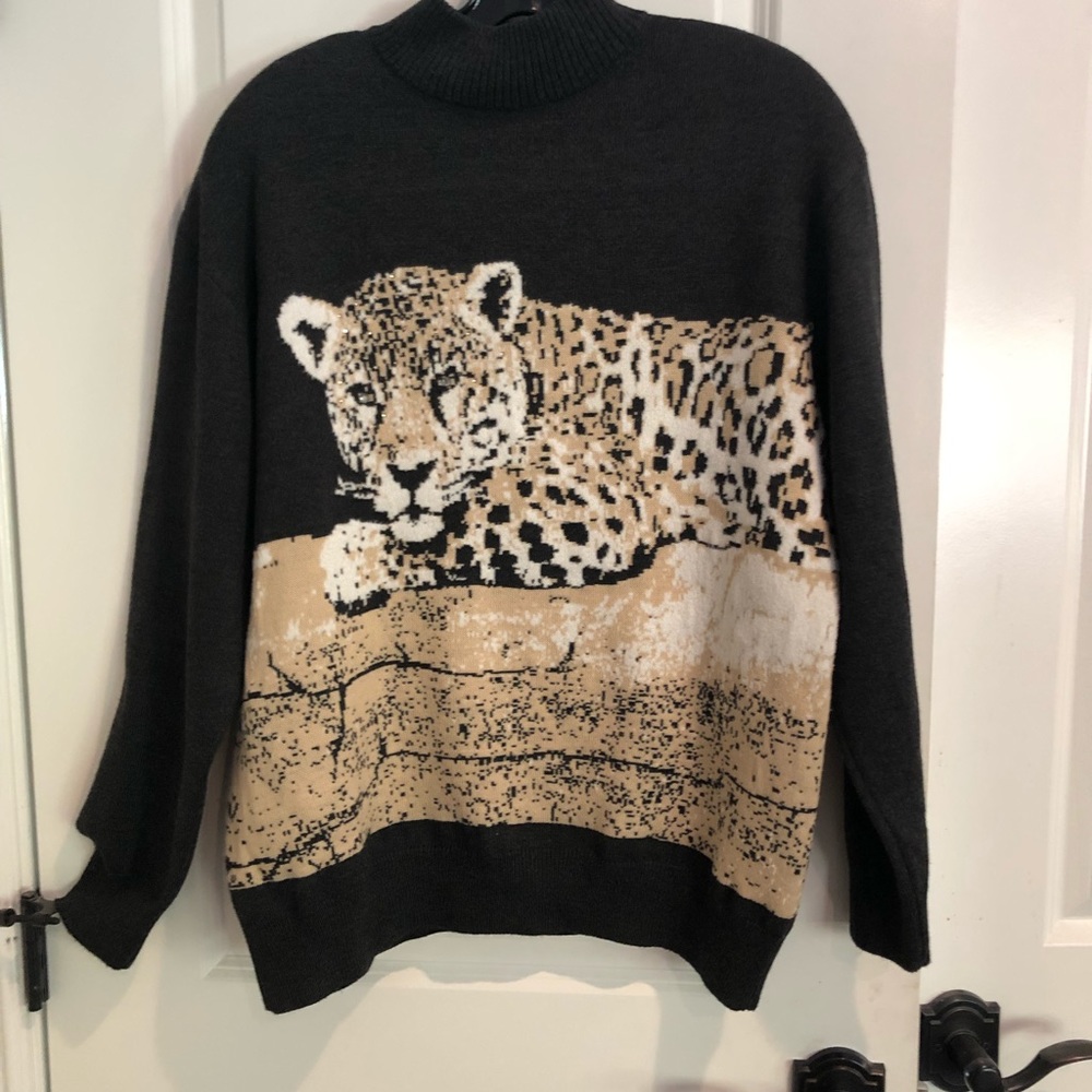 St. John Black Sweater with Beige Leopard Motif